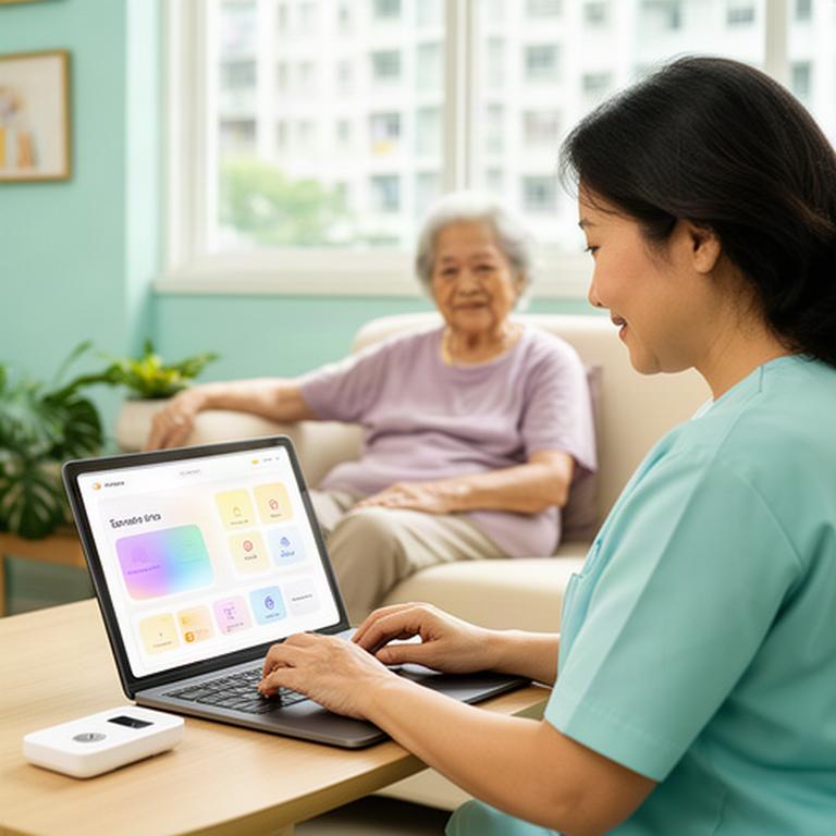 Adult daughter checking a family care dashboard at home while her elderly mother relaxes in a bright Singapore flat