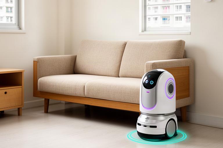 Compact household robot beside a sofa in a neat HDB flat living room, with clear floor space for safe movement